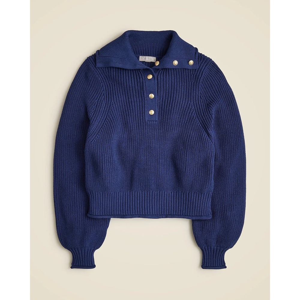 J.Crew Navy Ribbed Cotton Half-Button Sweater Gold Crest Buttons CE736 XL